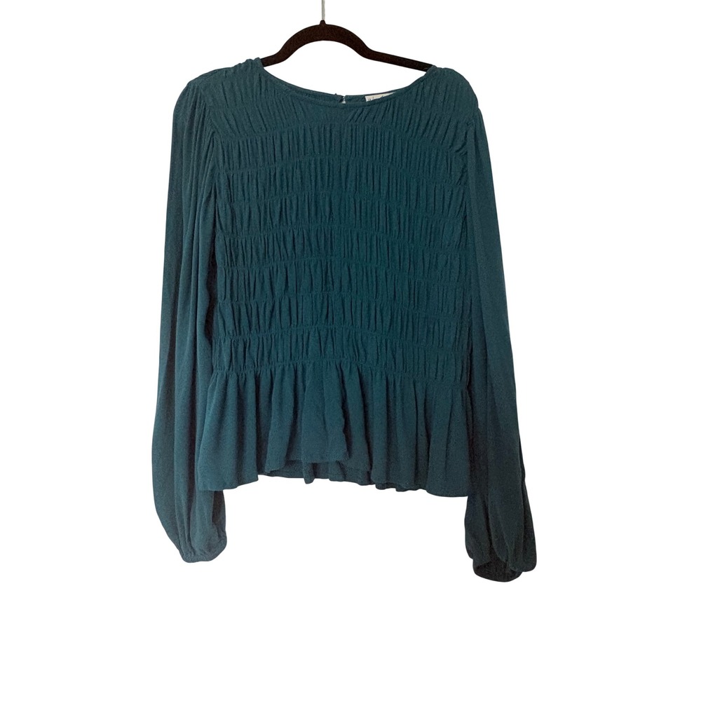 Wonderly Hunter Green Smocked Peplum Long Sleeve Balloon Top Womens Large